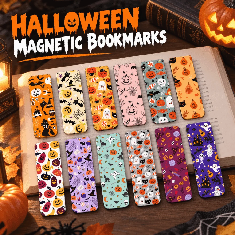 12pcs Halloween Style Magnetic Bookmarks Foldable Design Easy to Use Reading Mark Tools Magnet Closure Note Clip Holder