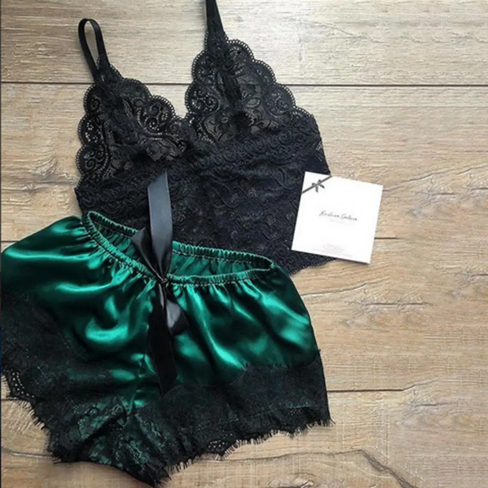 Conjunto de pijama con tirantes finos para mujer, chaleco y pantalones cortos, conjunto de dos piezas de retazos de encaje Sexy, Verano
