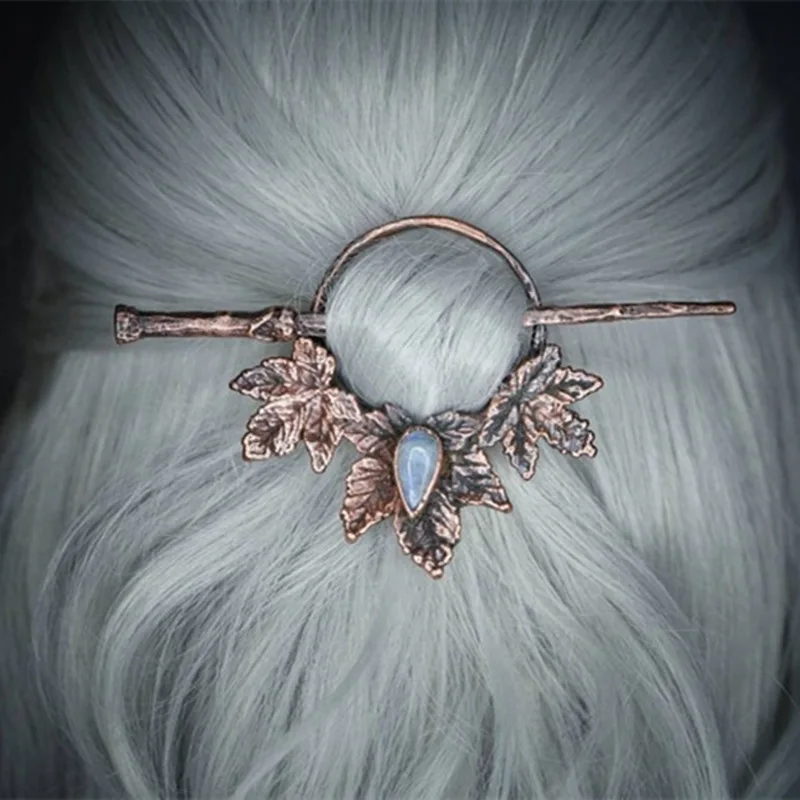 Vintage Moonstone Hair Sticks for Women Gothic Retro Maple Crow Skull Antler Hair Chopsticks Hairpins Viking Hair Accessories