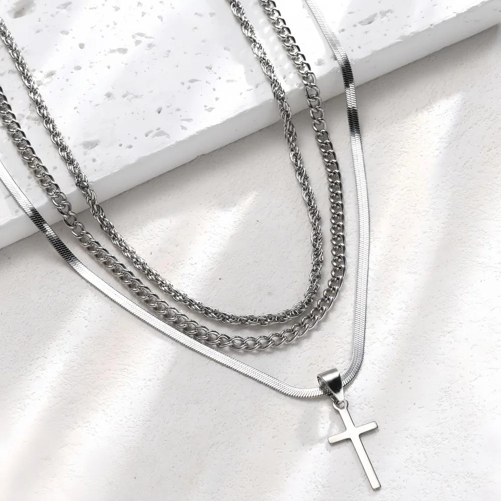 Hip-Hop-Kreuz-Mehrschichtige Kettenhalskette, einfache silberfarbene Legierungs-Twist-Kette, Herrenhalskette, trendiger Schmuckzubehör – Detail 3