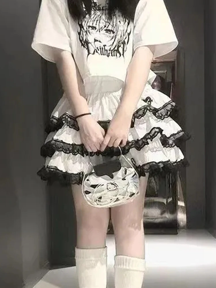 Jmprs Lace Patchwork Y2K Skirts Women High Waist Streetwear Japan Mini Skirt Vintage Harajuku Loose Female Design Cake Skirt New