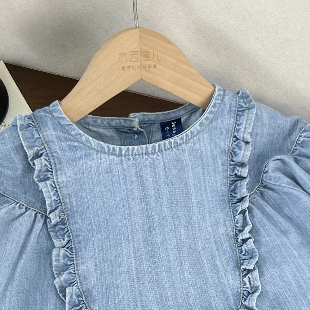 Girls denim dress 2026 autumn new female treasure sweet princess dress lace bubble sleeves Korean version skirt