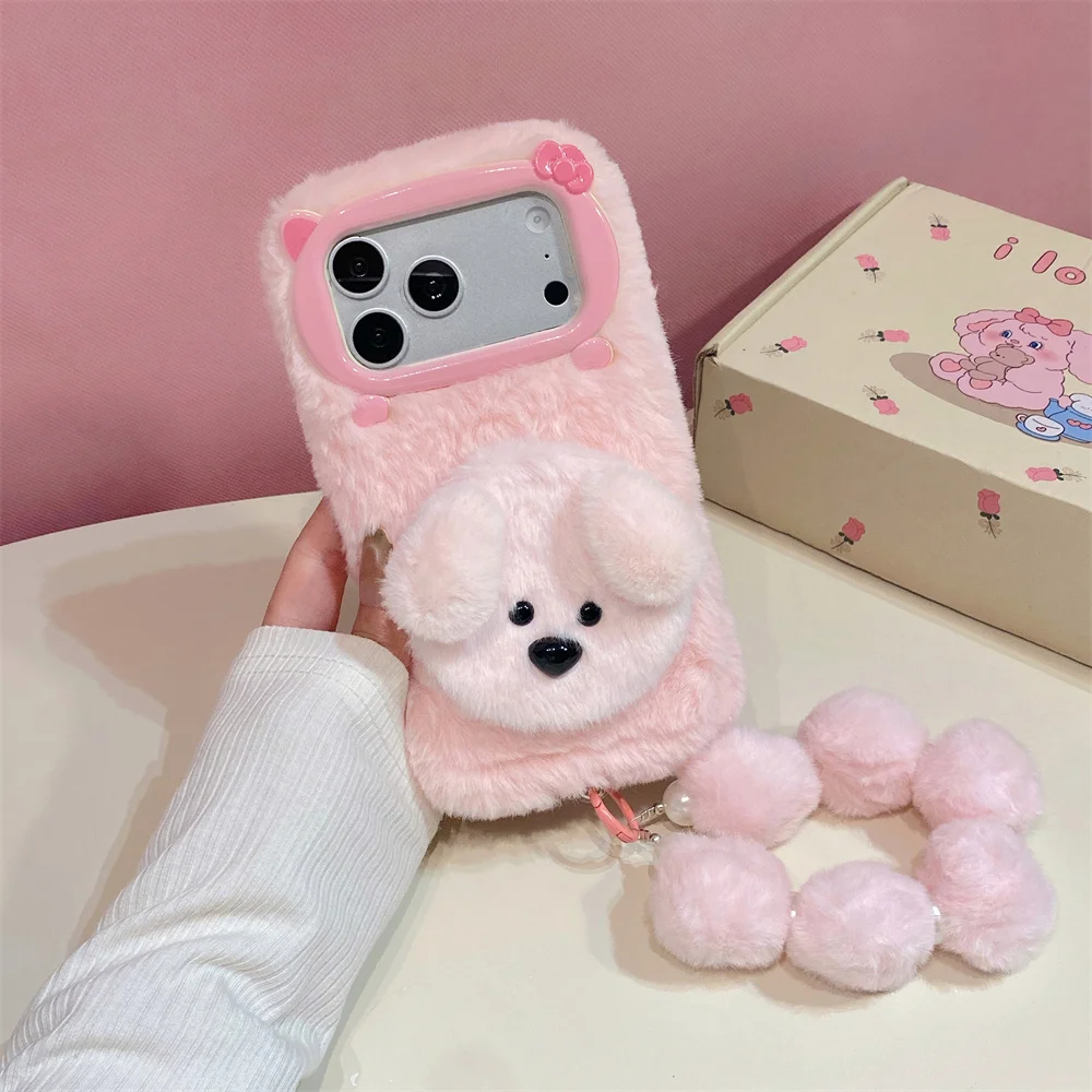 Kawaii Puppy Flip Makeup Mirror Fluffy Phone Case for 18 Pro Max Soft Pom Pom Wrist Strap Protective Cover for iPhone 17 16 15