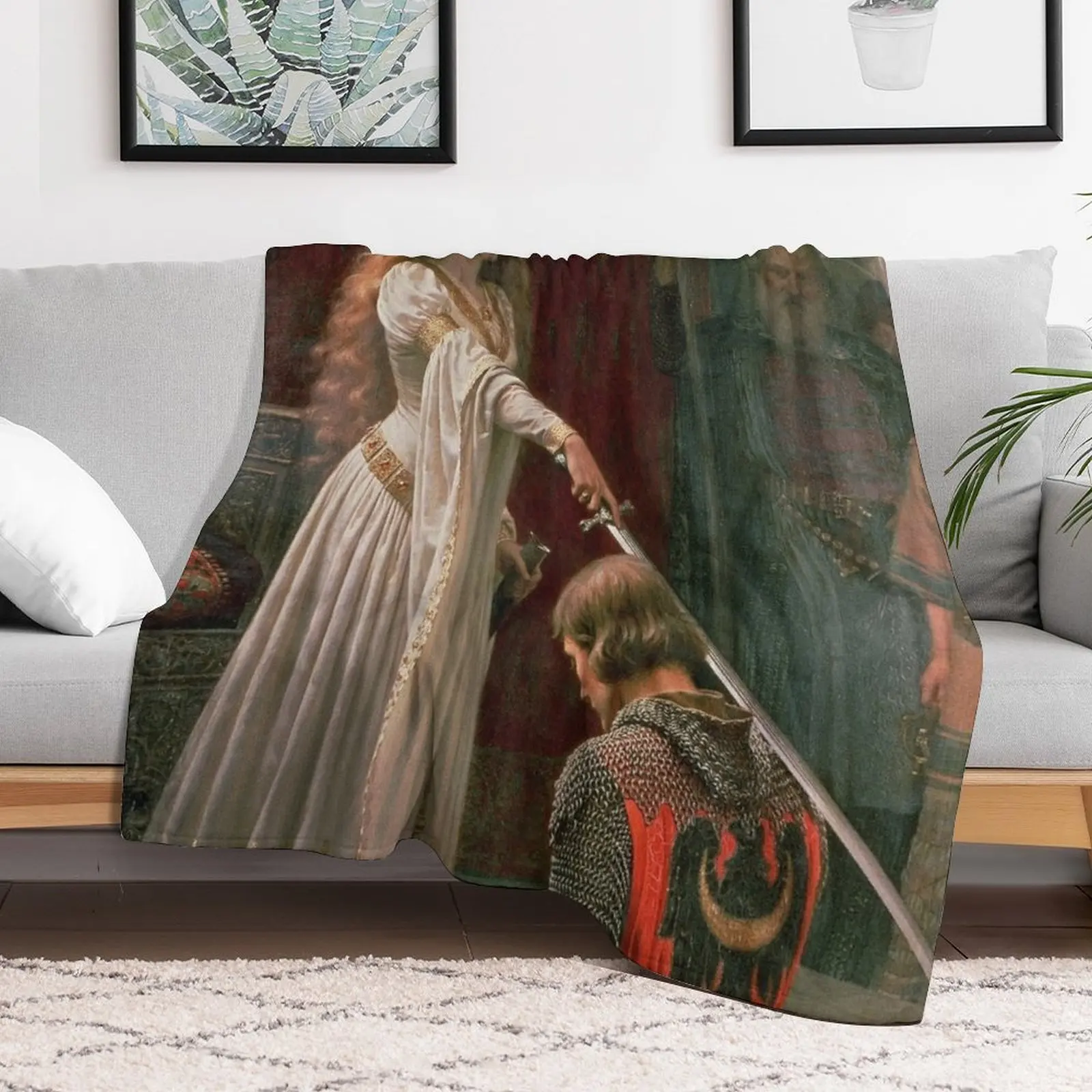 Accolade by Edmund Blair Leighton Medieval Knight Sword and Lady Original Painting HD Throw Blanket Cute Tourist Blankets