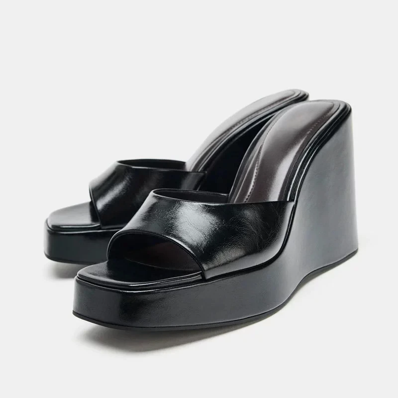 

NEW Chunky Platform colour Sandals Women Fashion Black PU Leather Wedge Slippers for Woman 2025 Summer Thick Bottom Slides