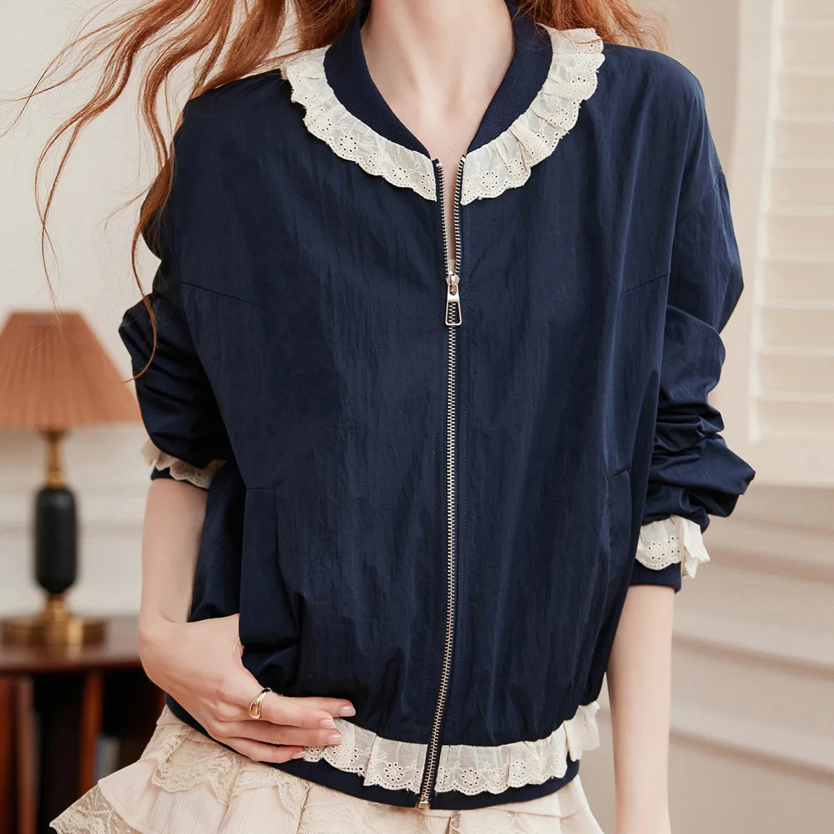 LOUIS YAO Lace Trim Baseball Collar Jacket 2025 Autumn Elegant Sweet Zipper-Up Cardigan with Drop Shoulders Women's Top