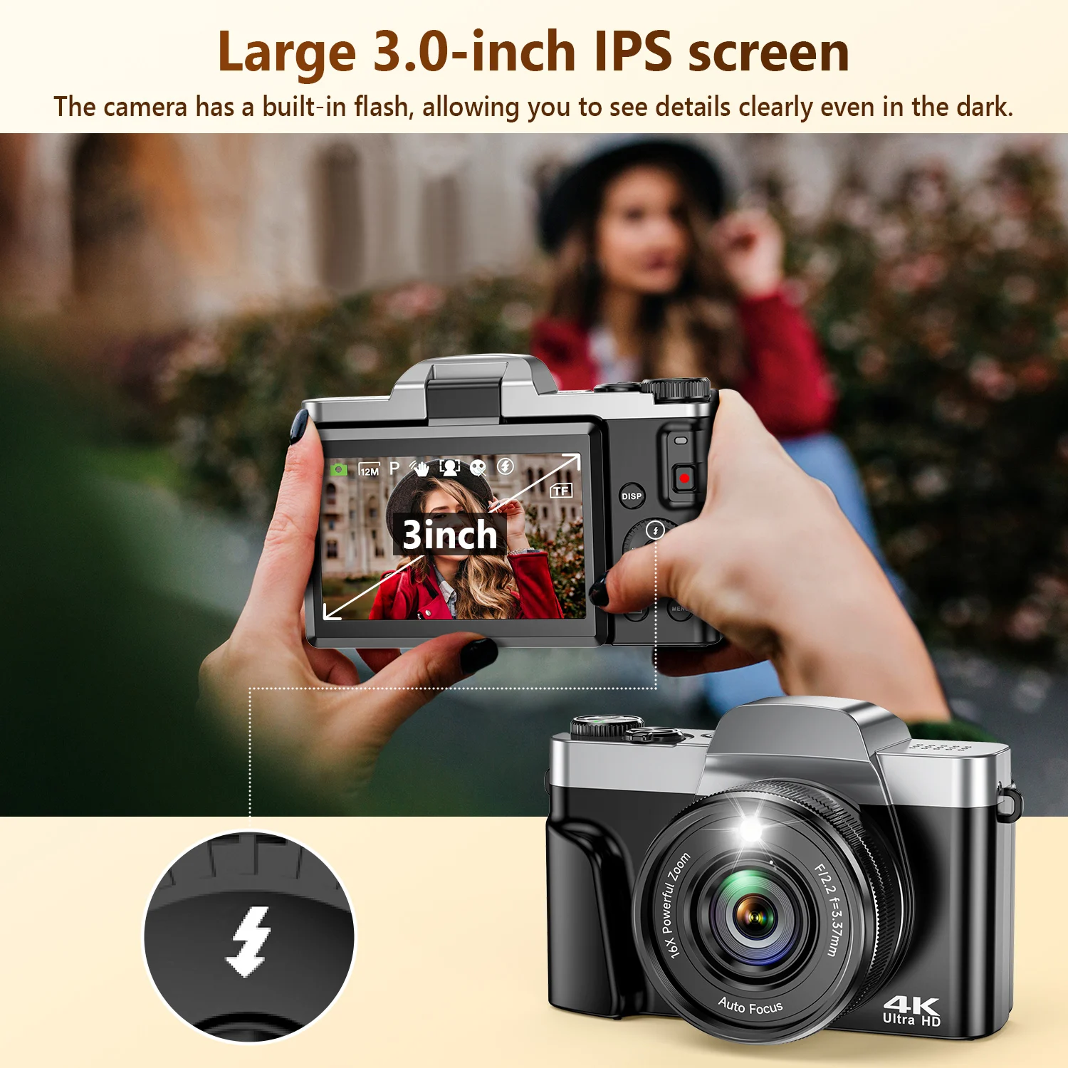 4K Digital Camera with WiFi,64MP Autofocus Vlogging Camera, 3