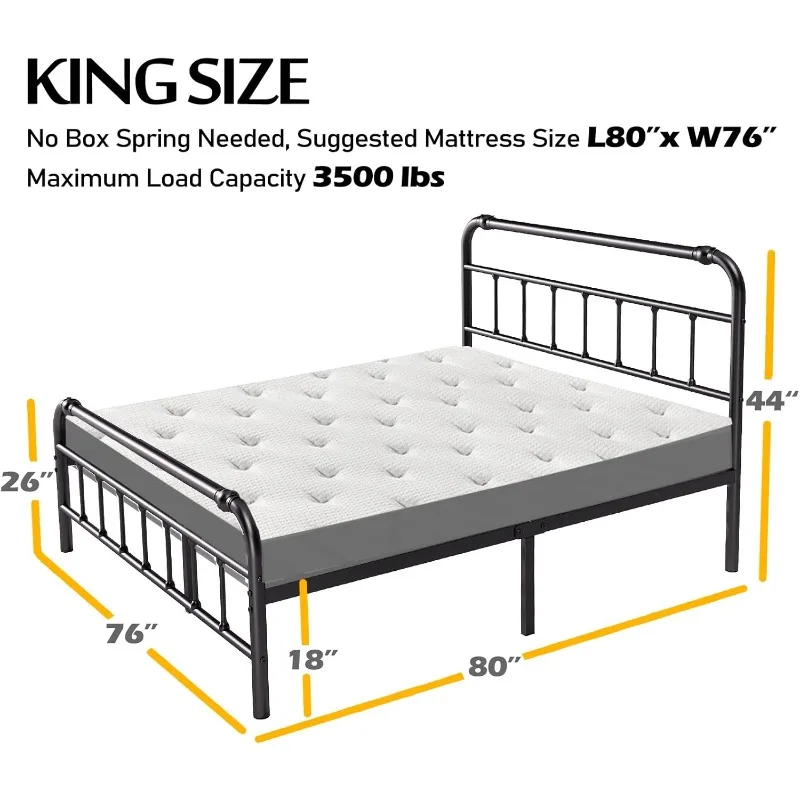 Frame with Headboard and Footboard, 18 Inches High, 3500 Pounds Heavy Duty Metal Slats Support for Mattress