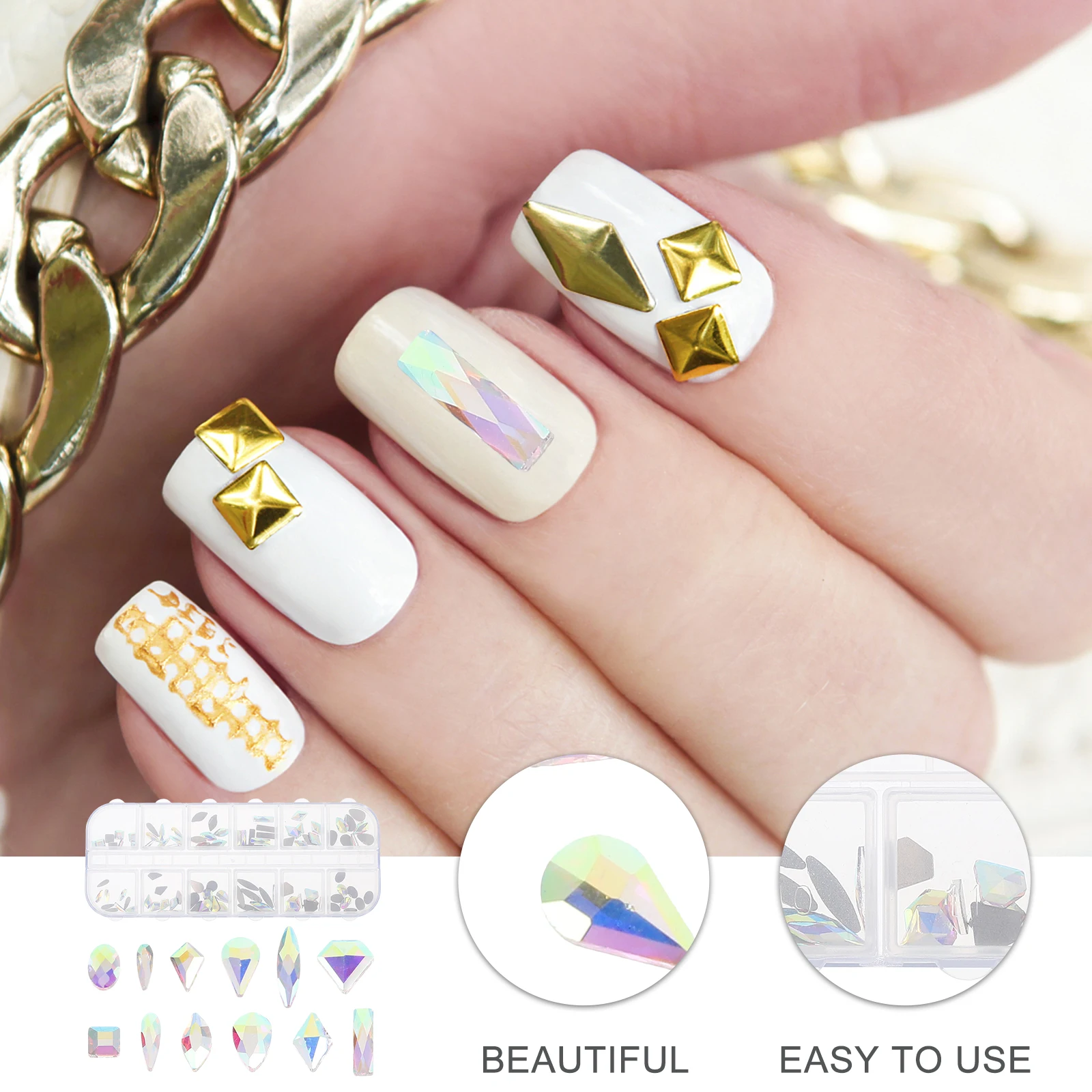 

DIY Nail Art Charms Rhinestones Manicure Jewelry 12 Grid Long Strip Box AB Crystal Glass Dazzling Accessories