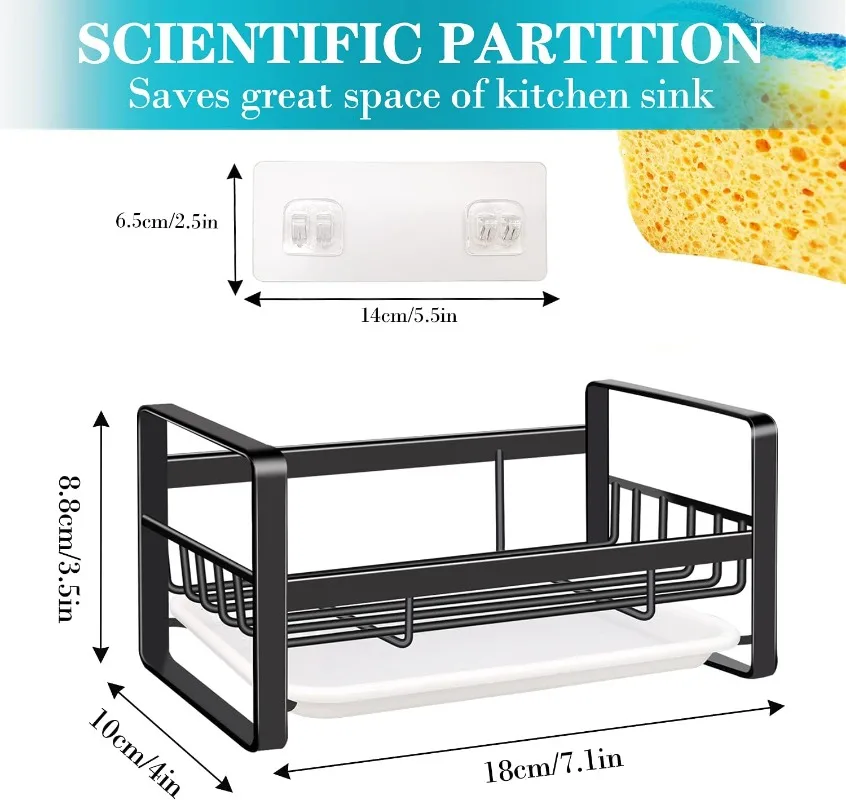 Kitchen Sink Caddy Organizer, Sponge Holder & Soap Dish, Countertop or Adhesive Mount, Drain Tray