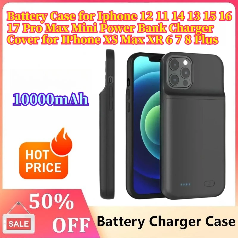 

10000mAh Battery Case for Iphone 12 11 14 13 15 16 17 Pro Max Mini Power Bank Charger Cover for IPhone XS Max XR 6 7 8 Plus