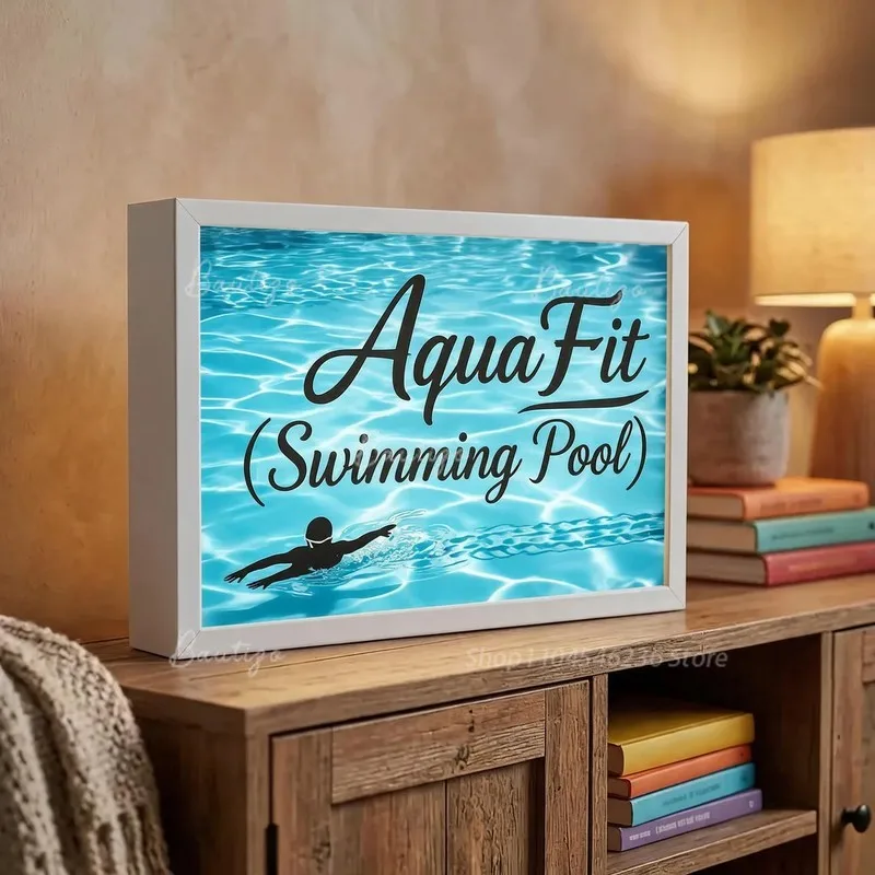 LED Neon Illuminated Sign AquaFit Swimming Pool, Custom Rectangle Bar Wall Art Logo Personalized Box Business Advertising Board