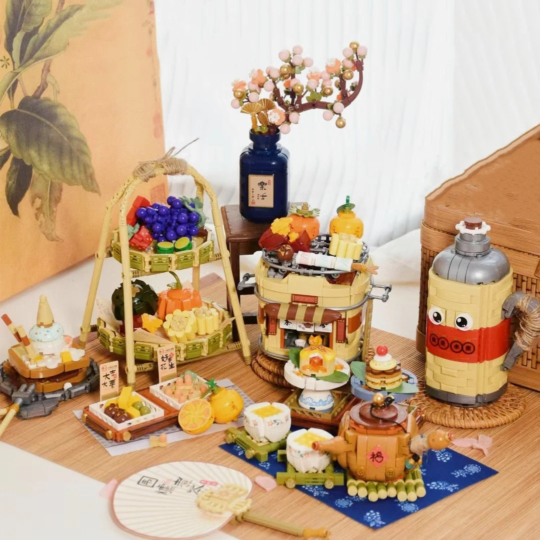 مجموعة مكعبات بناء صغيرة مقلدة ألغاز أدوات الشاي الصينية العتيقة للطعام ديم سوم للأطفال ألعاب تعليمية 1390 1391 ذاتية الصنع هدايا الطوب