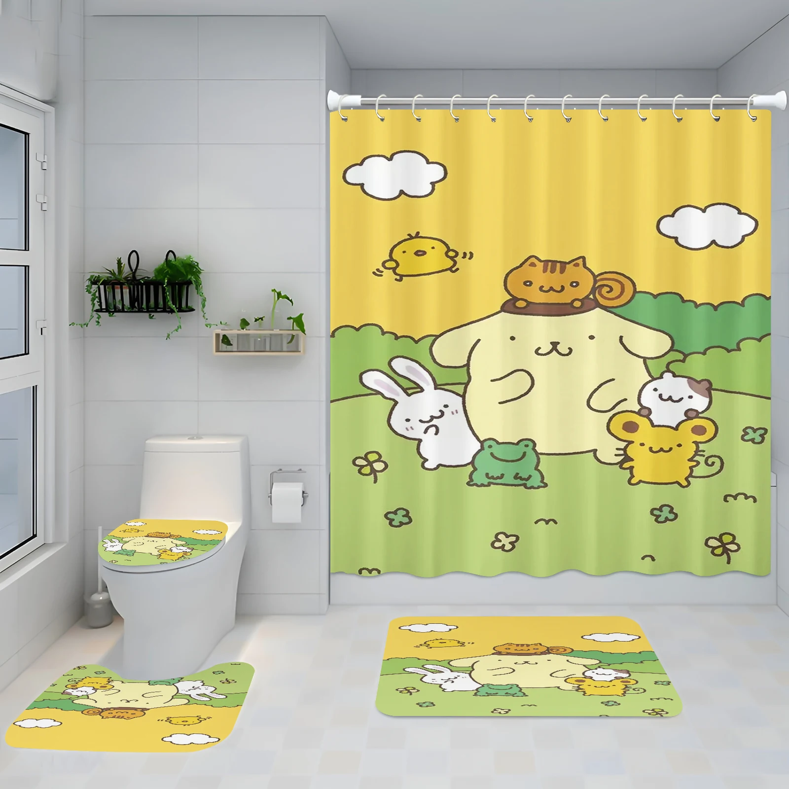 

Sanrio занавеска для душа с помпонами, набор аниме, милые аксессуары для ванной комнаты, полные коврики, роскошные украшения, подарки для мальчика, 4 шт.