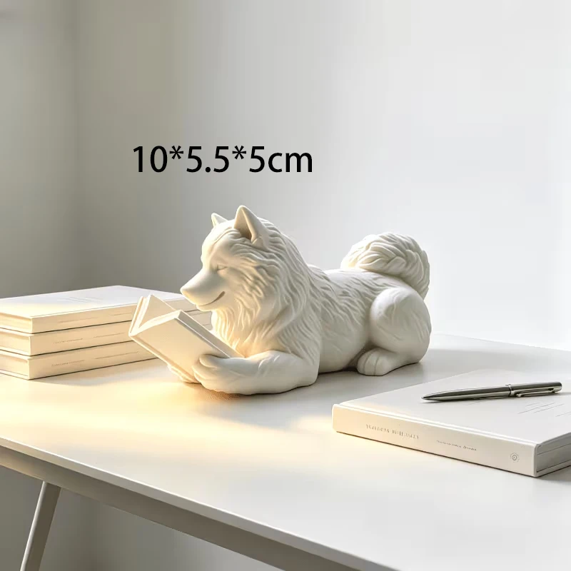 3D Printed Reading Samoyed Dog Figurine Fluffy Puppy Statue Holding Book Cute Desktop Ornament for Bookshelf Study Desk