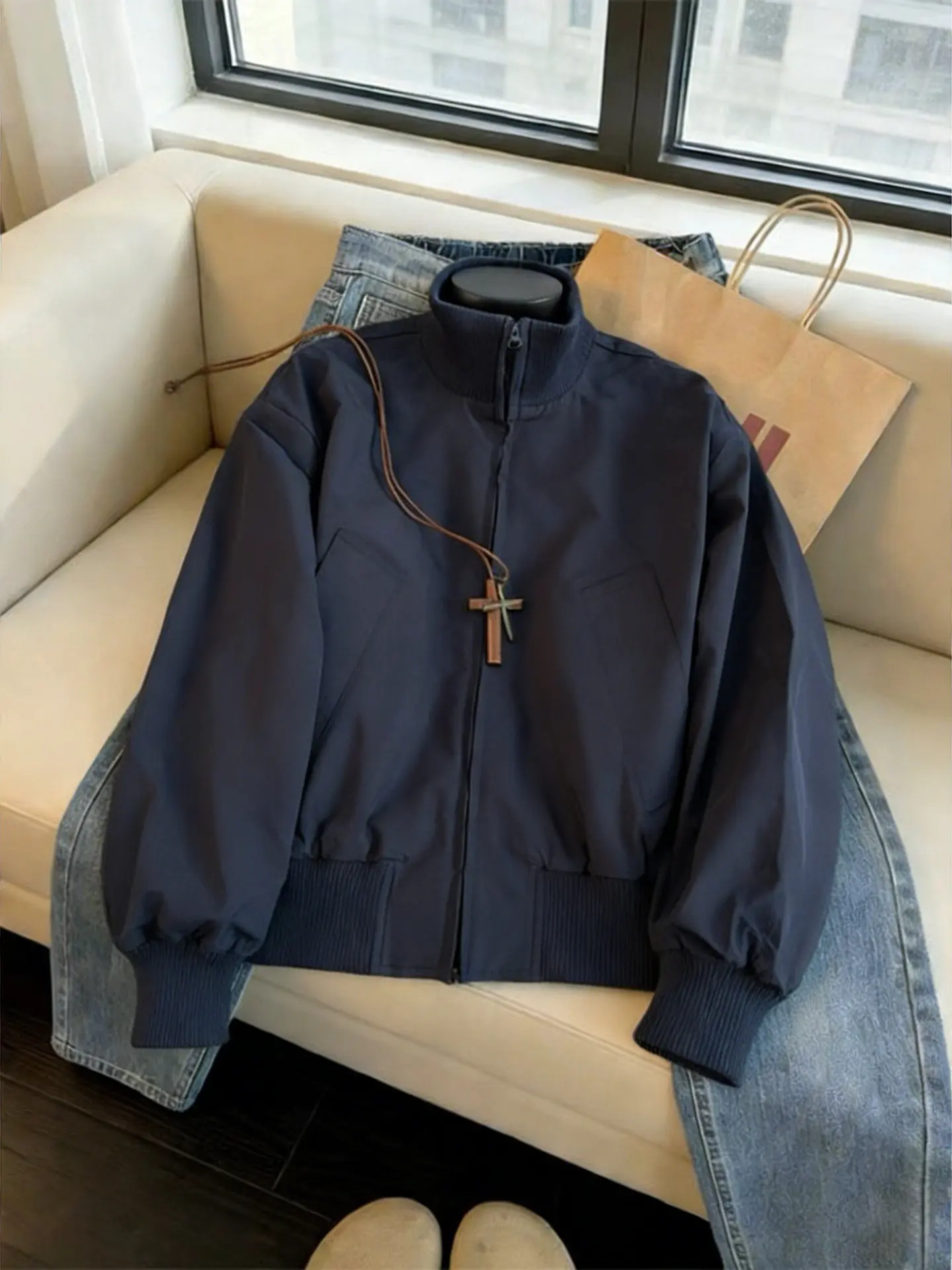 

Cobalt Blue Pilot Jaet Men's ort Sle Stand Collar Baseball Workwear Spring Autumn Faion Retro American Sle Coat