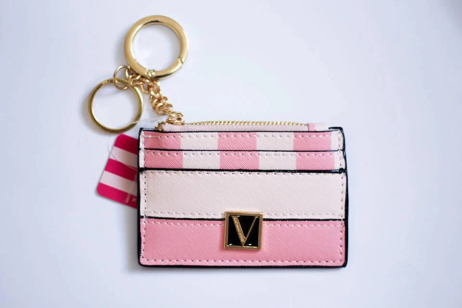 Girls Pink Striped Coin Purse Card Bag Women's Keychain Multi-card Document Bag