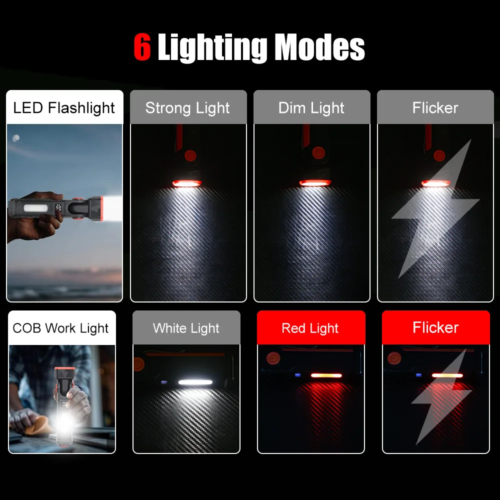 Linterna LED COB portátil, luz de trabajo recargable, lámpara colgante magnética con batería integrada de 1800mah, antorcha de Camping