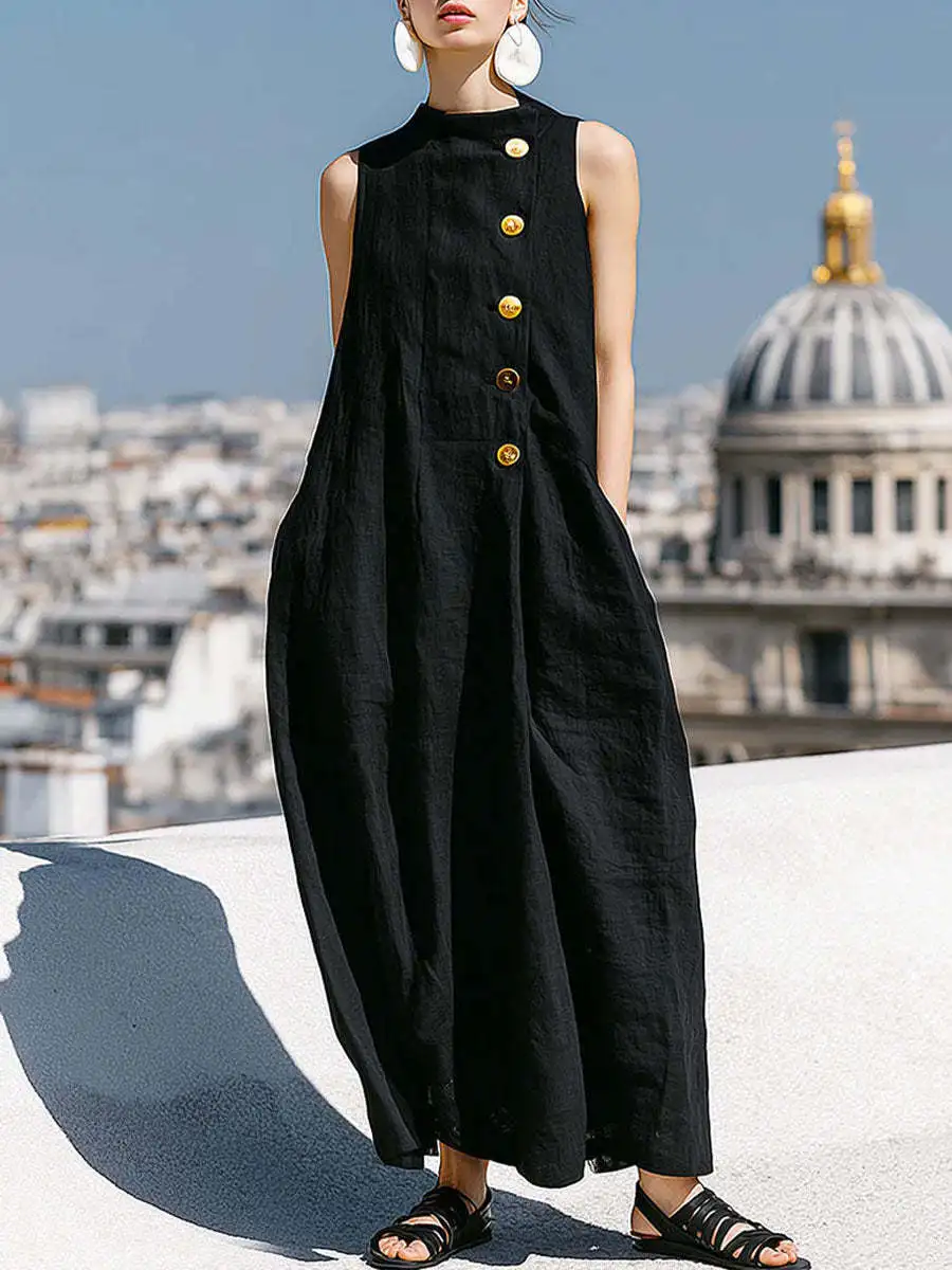 Sommerkleid mit Taschen für Damen, Rundhalsausschnitt, Knopfleiste, Leinen-Baumwoll-Maxikleid, Elegantes Mode-Freizeitkleid, Lockeres Tanktop-Kleid