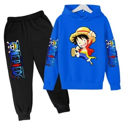 Çocuk giyim erkek kız yürümeye başlayan Hoodie korsan kral büyüleyici Luffy kazak 3-12Y üst + pantolon 2P sevimli rahat spor koşu seti