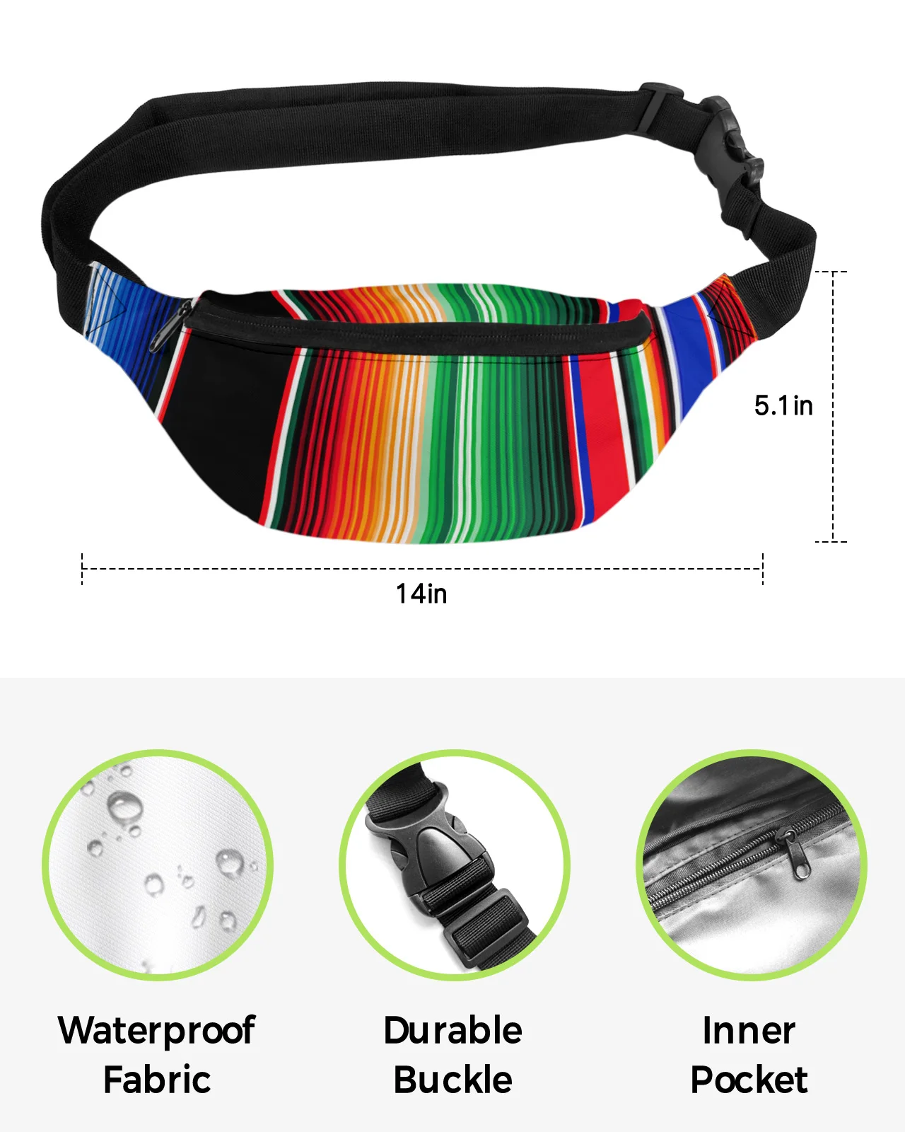 Colorful Mexican Stripes Waist Packs Shoulder Bag Unisex Messenger Bag Casual Fashion Fanny Pack for Women