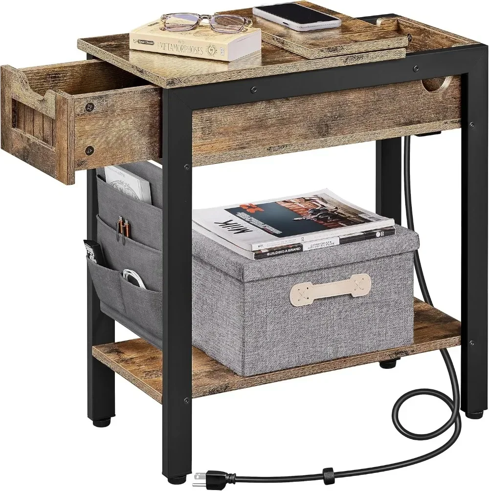 

Flip Top Bedside Table with Drawer & Shelf & Removable Fabric Bag,Bedside Cupboard with Charging Station for Bedroom/Small Space