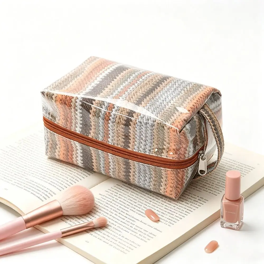 Imitation Straw Weave Pattern Portable Cosmetic Bag Waterproof Lightweight Travel Toiletry Organizer Hand-Held Smooth Zipper