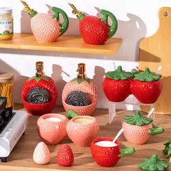 European Ceramic Strawberry Cruet Oil Pot Creative Fruit Kitchen Seasoning Jar Salt Sugar Chili Jar Soy Sauce Vinegar Bottle New