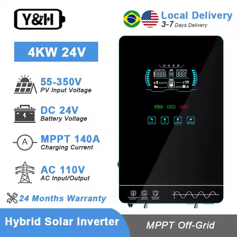 Y&amp;H 4KW Hybrid Solar Inverter DC24V 120VAC Off Grid Pure sine wave Inverter Built 140A MPPT Solar Charger
