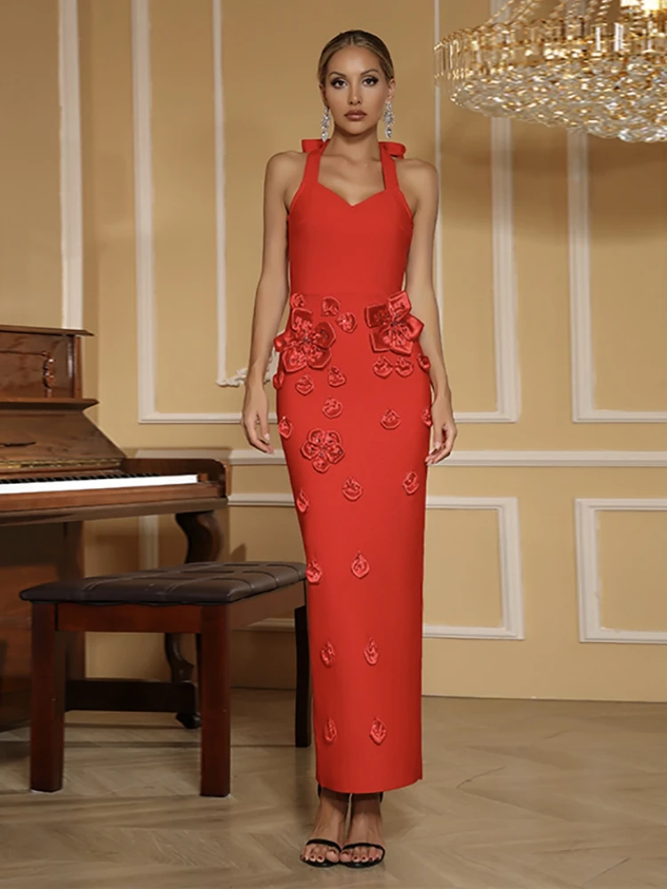 섹시한 홀터넥 3D 플라워 밴디지 드레스 (장갑 포함) 여성용 민소매 백리스 플로럴 바디콘 롱 드레스 이브닝 파티 정장