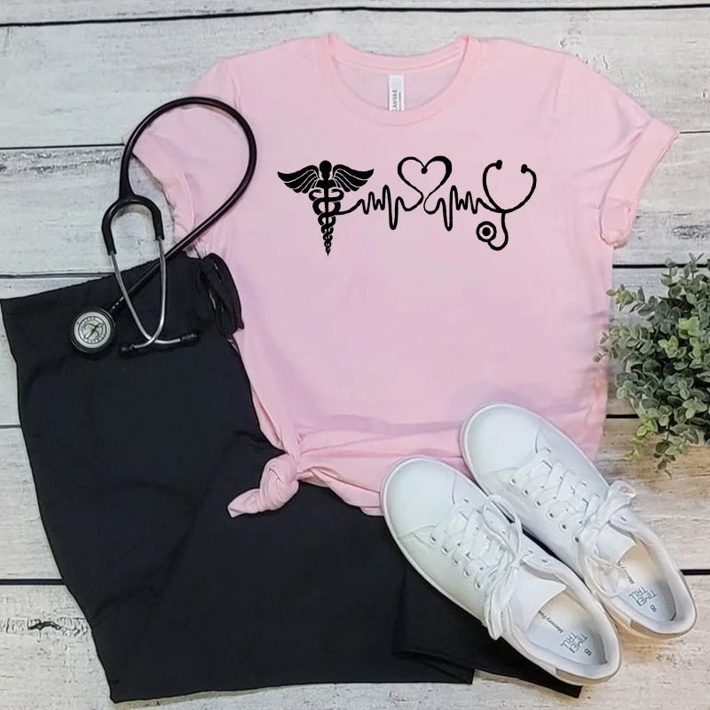 

International Nurses Day Nurse Heartbeat Print T-Shirt Women Men Summer Casual Short Sleeve Round Neck Tops Fashion T-Shirts