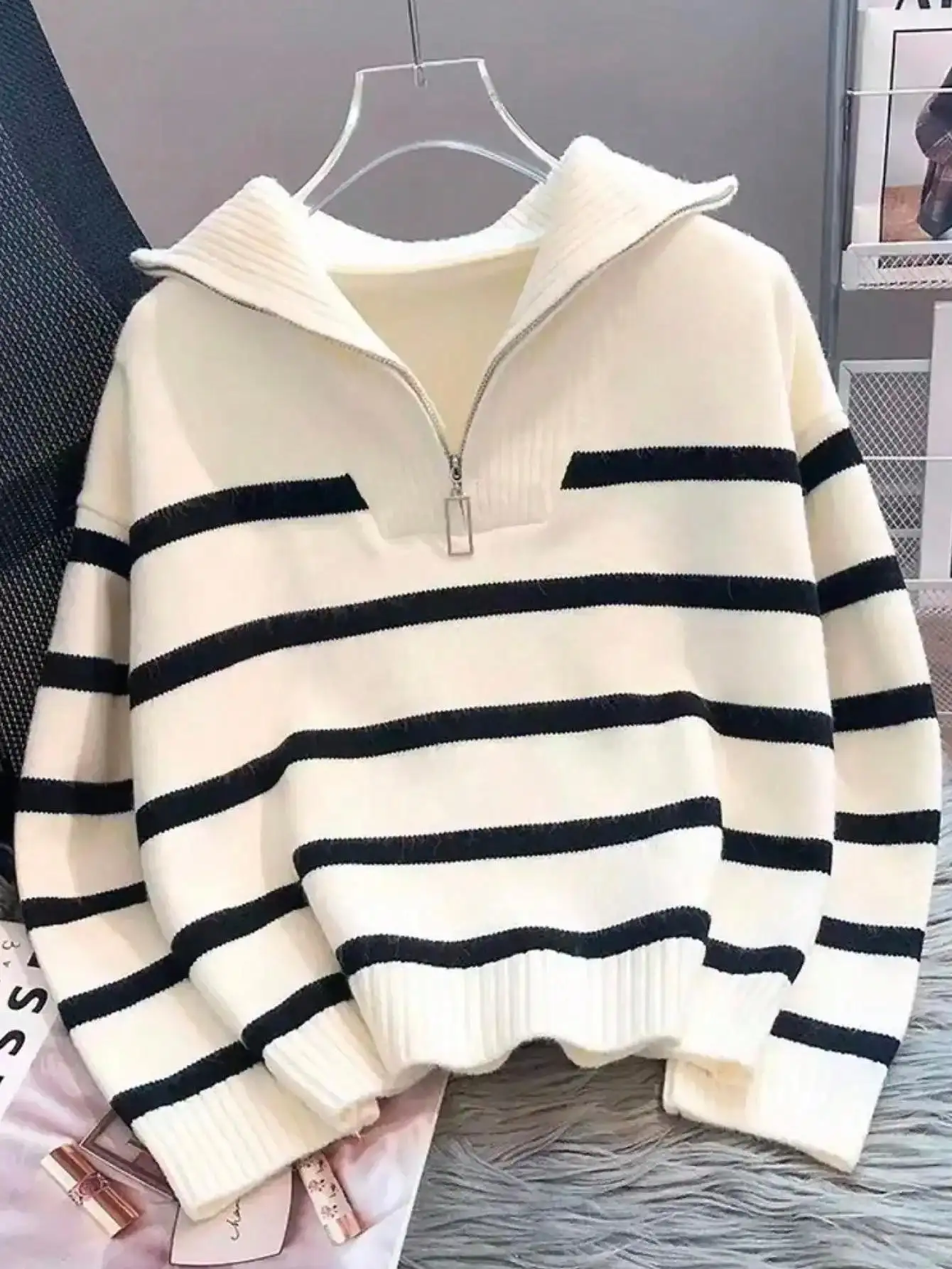 

Cream & Black Striped Half-Zip Pullover Sweater, Loose Fit Long Sleeve