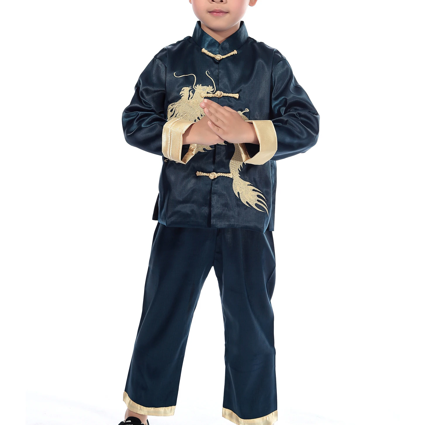 Traje Tang de satén para niños, ropa Vintage bordada de Dragon Kong Fu, cuello mandarín chino, informal, 2 piezas, camisa y pantalones