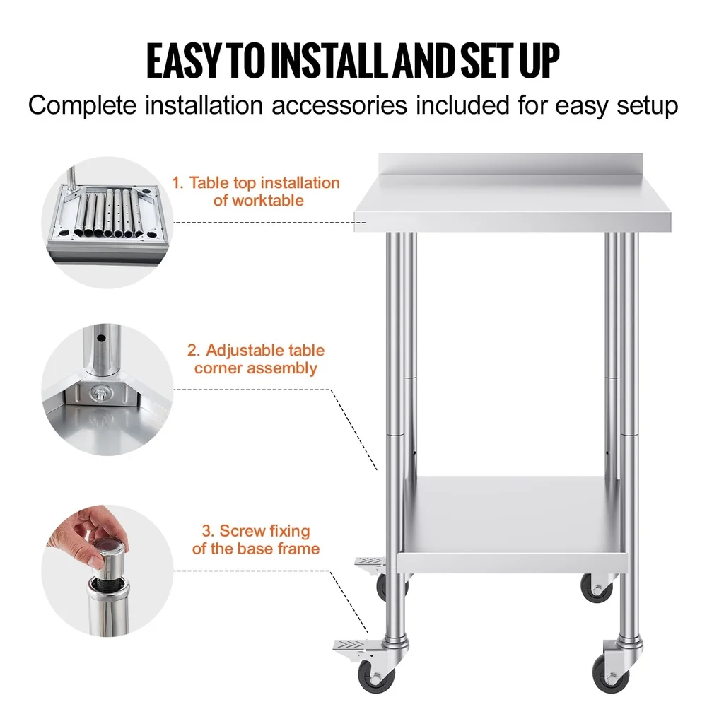 Industrial Grade Stainless Steel Work Table Mobile Kitchen Prep Station with Wheels Adjustable Shelves NSF Compliant Easy