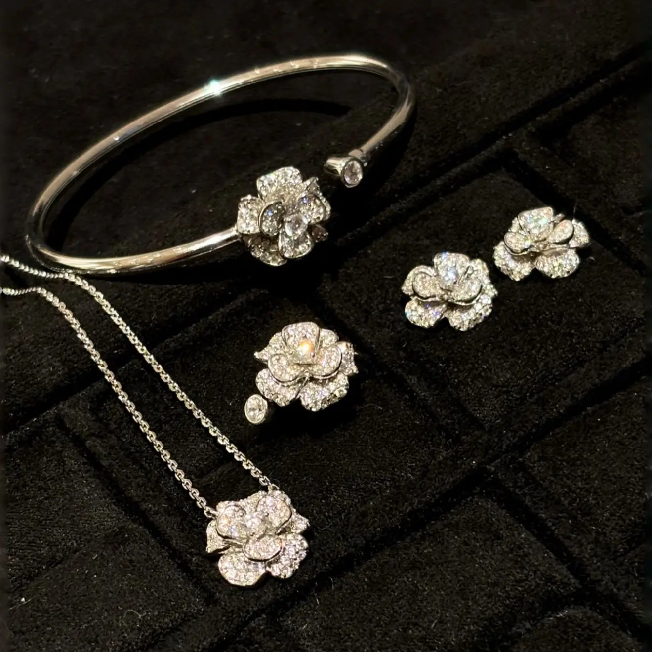 Petal Silver Necklace with Diamonds White Rose Ring Light Luxury Flower Ring Open Bracelet Female