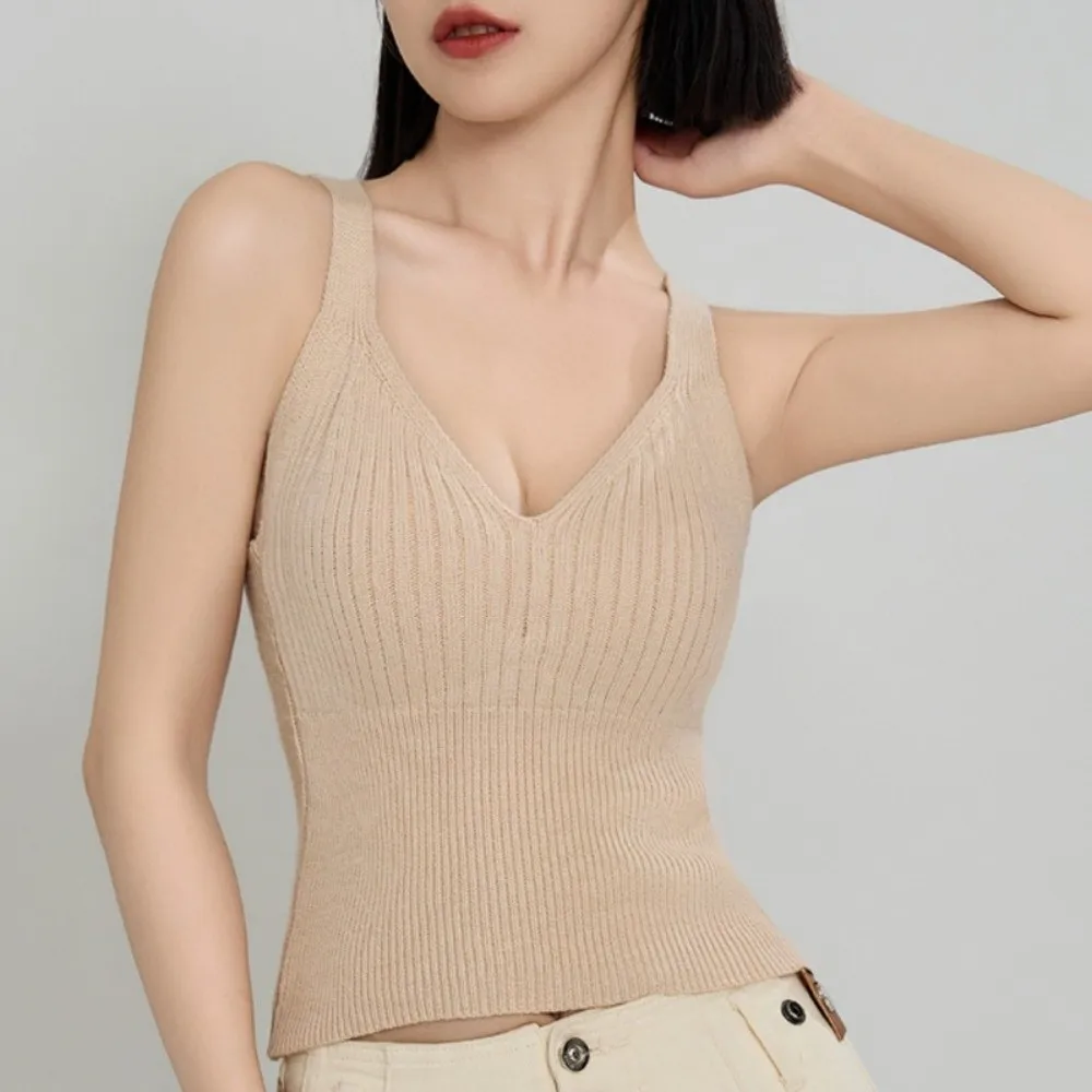 V-Neck Design Thermal Underwear Vest One-Piece Cup Heat-Generating Padded Camisole Top Strap Style Chest Pad Slimming Inner Wear