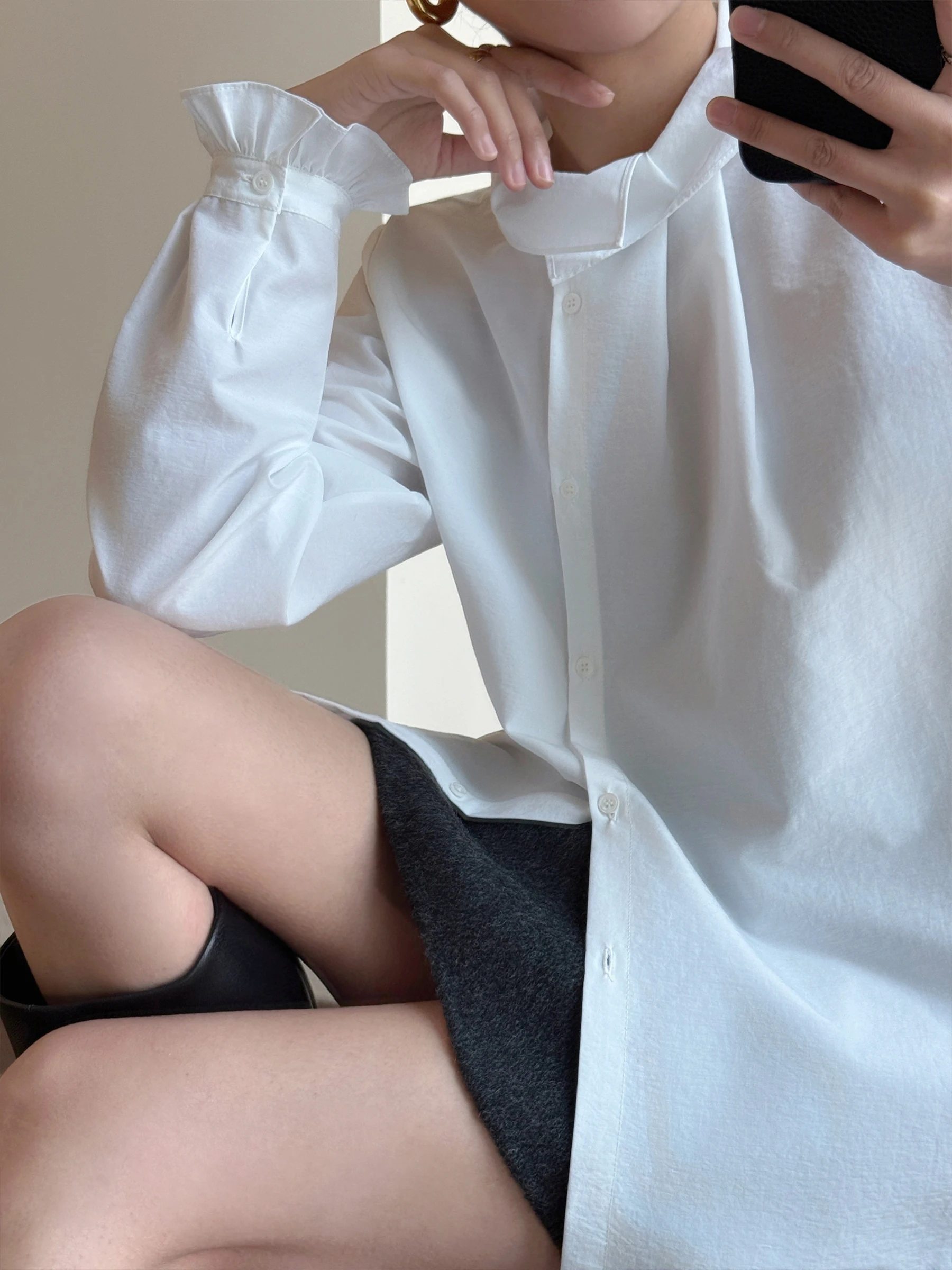 

Женская свободная блузка из тонкого хлопка с воротником-лепестком, плиссированным дизайном, несминаемая, белая, с длинным рукавом, весенняя мода