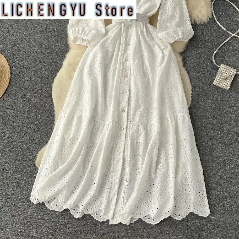 New Sweet Style Women's Dress Hollow Out Short-sleeve Solid Color Single-breasted A-line Dresses Winter Spring