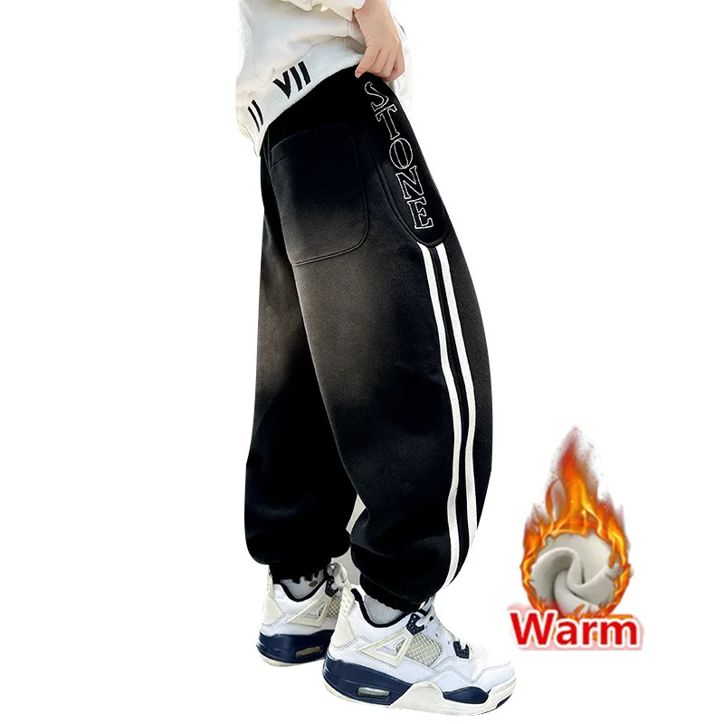 

Korean Kids Winter Fleece-Lined Sports Pants with Side Stripes For Boy Casual Warm Insulated Trousers Child Thermal Sweatpants