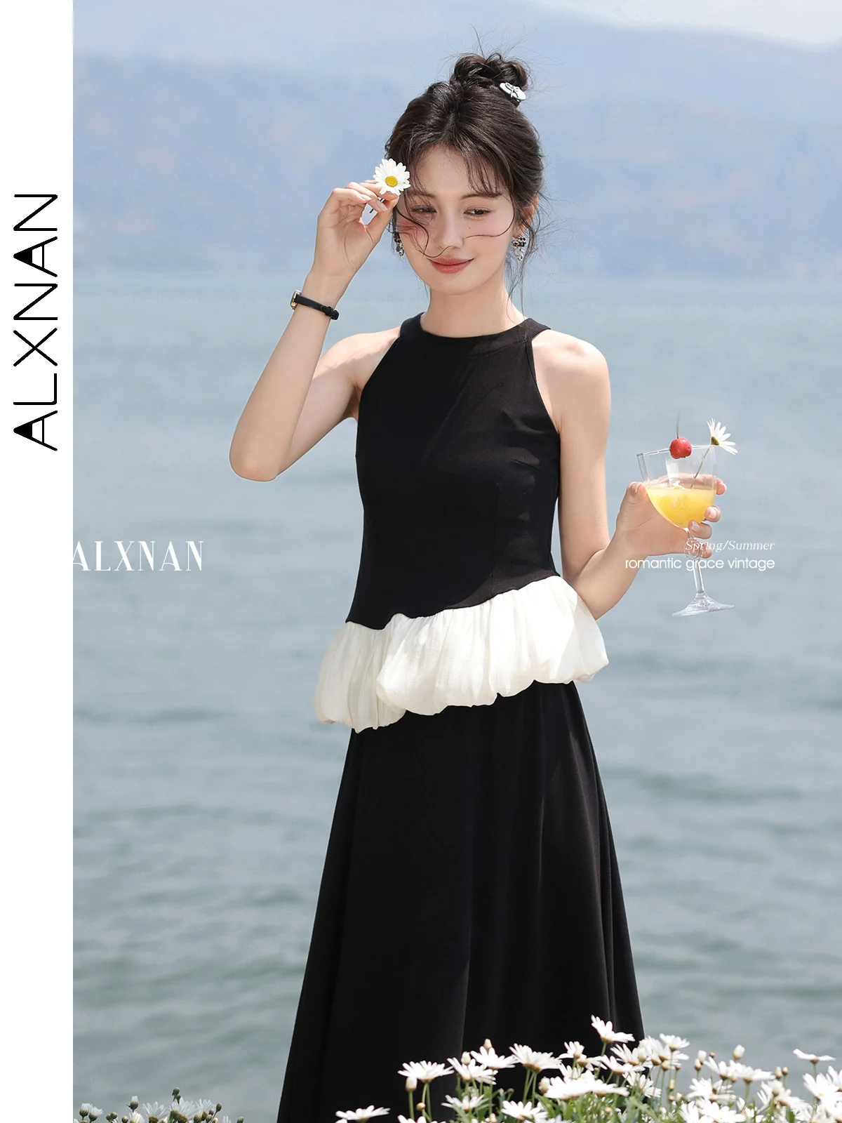 

ALXNAN Women Black Long Dress Halter Neck Elegant Ruffles Midi Dress 2025 Summer Holiday Party Beach Sleeveless Clothing L55305