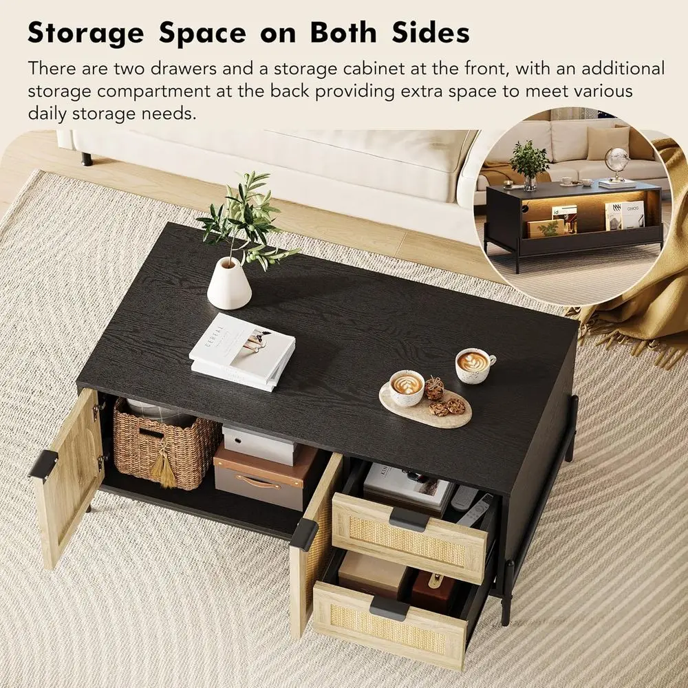 LED-Illuminated Rattan Coffee Table with Storage Drawers and Doors, Modern Farmhouse Style in Black & Oak