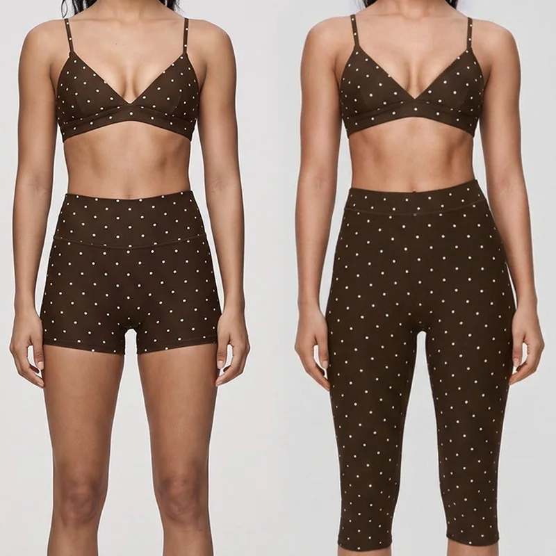 Women's Yoga Suit Polka Dot Hip Lifting Abdominal Tightening Pants Cross Shoulder Straps Bra Soft Breathable Gym Sportswear