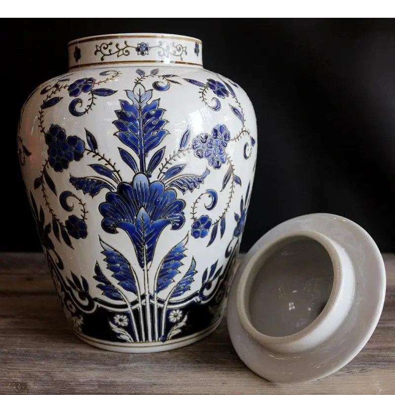 Blue and White Porcelain Flower General Ceramic Ginger Jars Vase Desktop Jewelry Storage Cosmetic Container