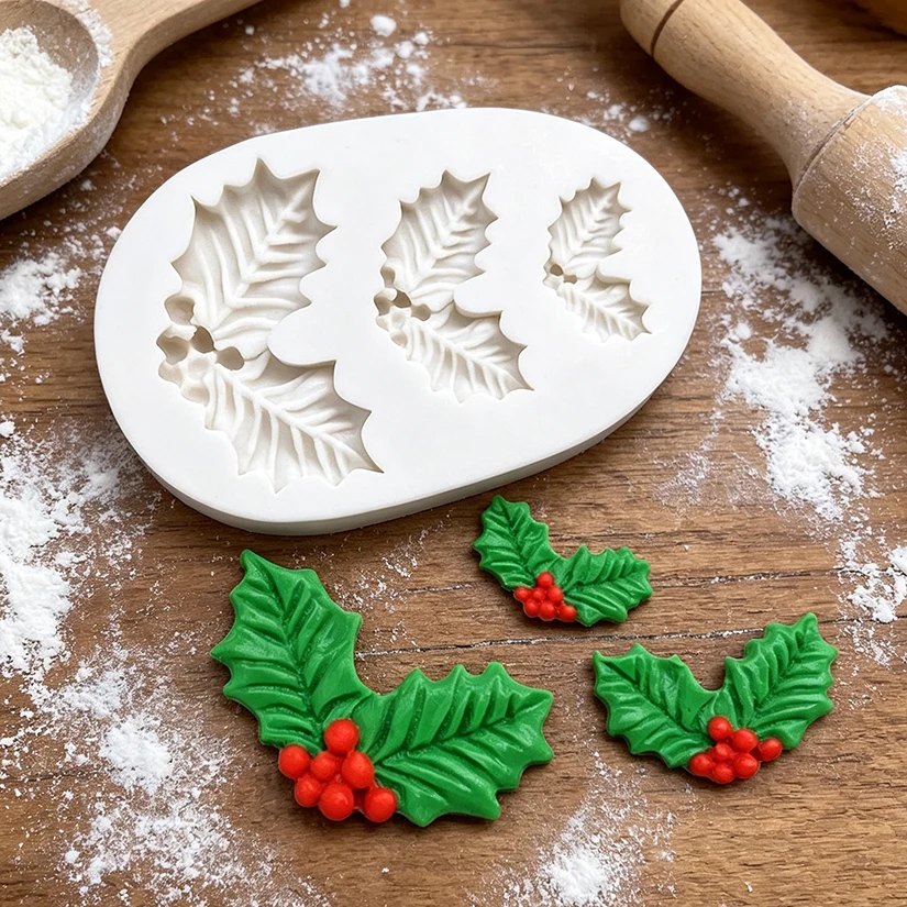 Holly Berry Weihnachten Silikon Sugar craft Form Harz Werkzeuge Cupcake Backform Fondant Kuchen Dekorations werkzeuge – Detail 2