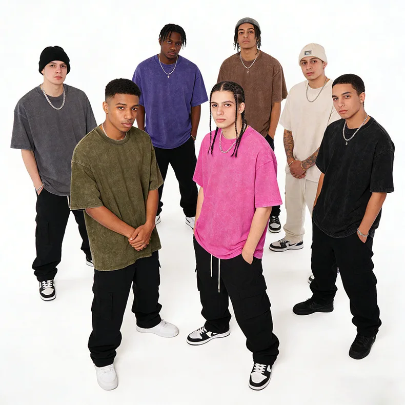 

2026 New Summer Washed Vintage Short Sleeve T Shirt For Men Women Loose Solid Color Crew Neck Drop Shoulder Casual Tops Tee