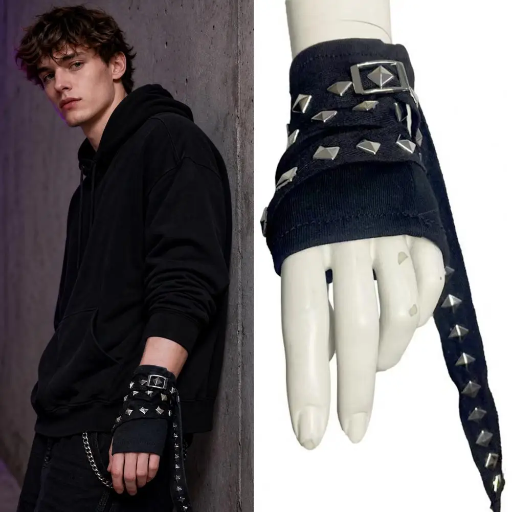 1 Pair Unisex Driving Gloves Hip-Hop Style with Rivet Chains Adjustable Fit Soft Breathable Black Gloves for Men Women