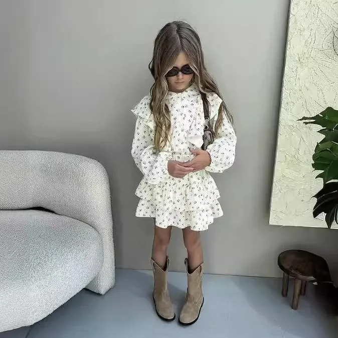 2024 Russian Girls Autumn Floral Lace Shirt Cake Skirt Children Two-piece Set Fashion Casual Slim Suits Vacation