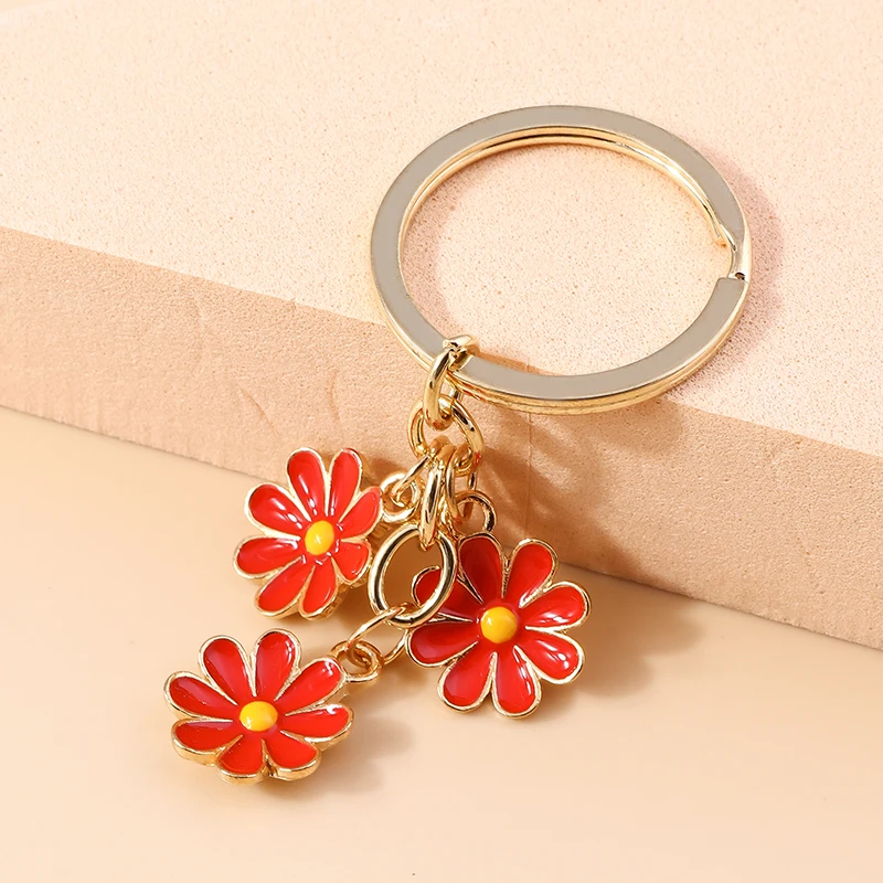 Cute Enamel Flower Keychain Charms for Women Girls Keyring Pendatns Handbag Decor DIY Key Chain Jewelry Accessories