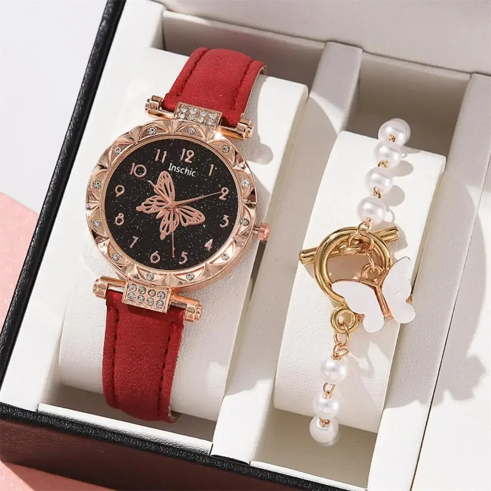 1/2PCS Women Watch Set Quartz Wristwatch Luxury Crystal Rhinestone Pearl Quartz Watches Butterfly Watches Bracelet Set No Box