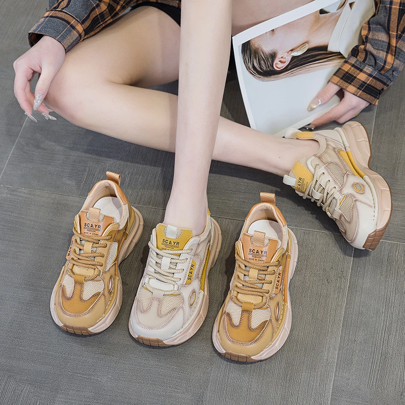 

Beige Yellow Colorblock Platform Chunky Sneakers Breathable Mesh Upper Soft Cushioned Sole Casual Dad Shoes For Daily Walking